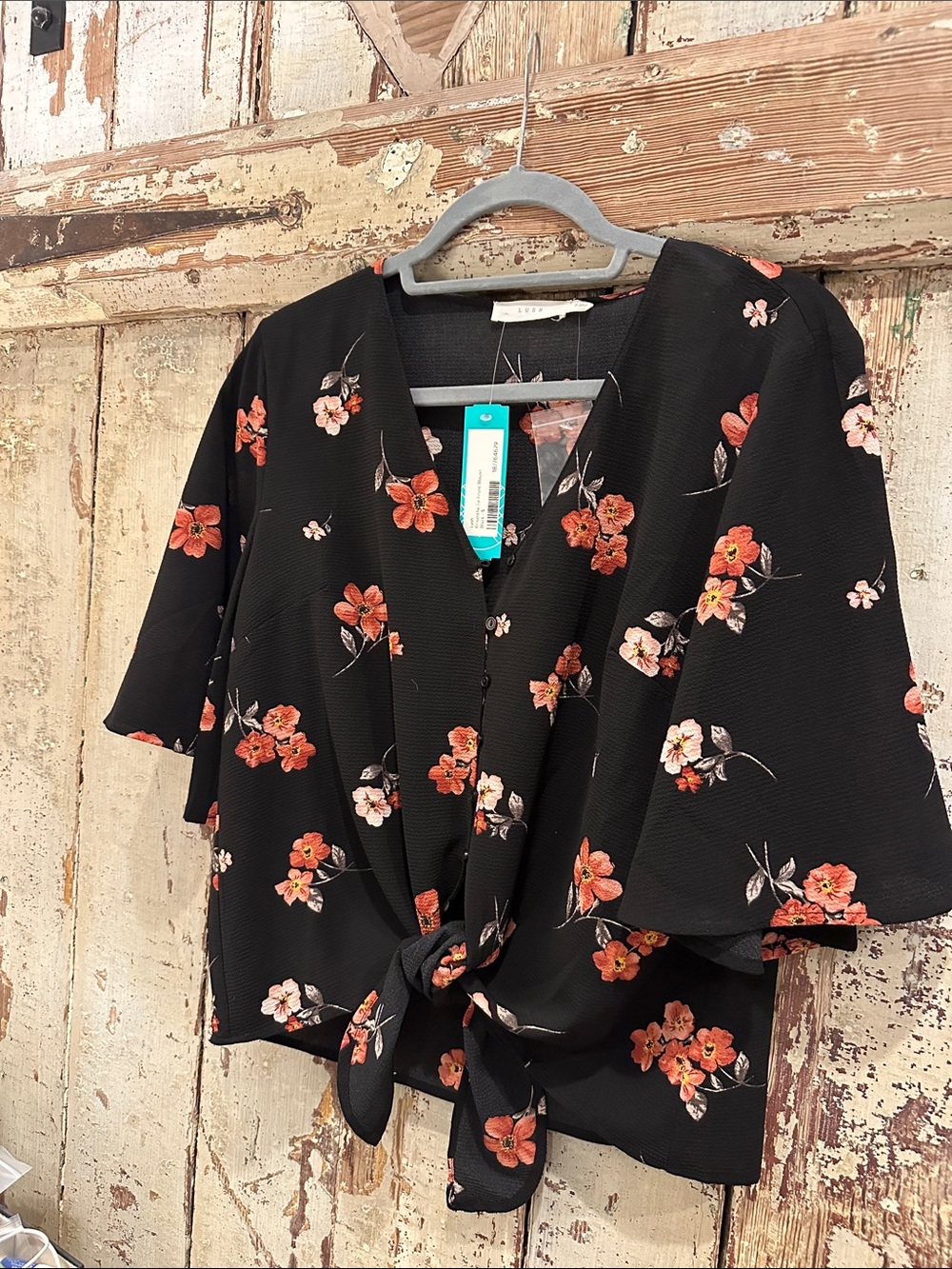 Lush Black Floral Tie-Front Blouse with Coral Blooms